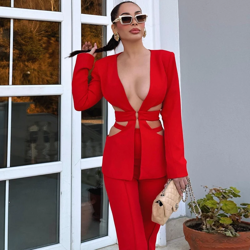 MSMUSI 2023 New Fashion Women Sexy Red V Neck Two Piece Set Bodycon Party Long Sleeve Hollow Out Blazer Top Long Pant Set Suit