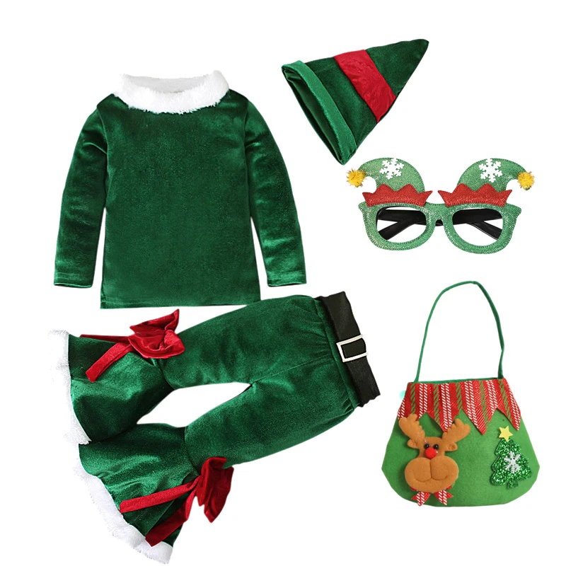 Green Elf Girls Christmas Costume Festival Santa Claus for Kids New Year Children Clothing Set Hat +Top +Pants Xmas Party Outfit