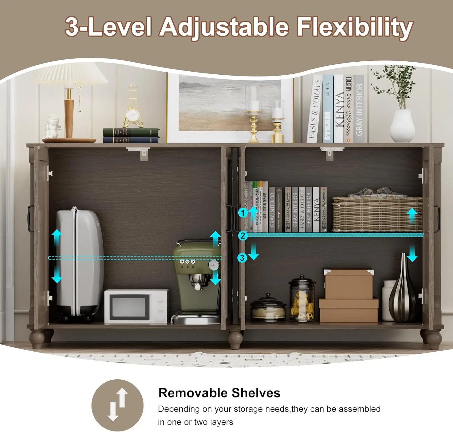 62인치 브라운 커피 바 캐비닛(수납장 포함), 주방, 식당, 거실용 4도어 사이드보드