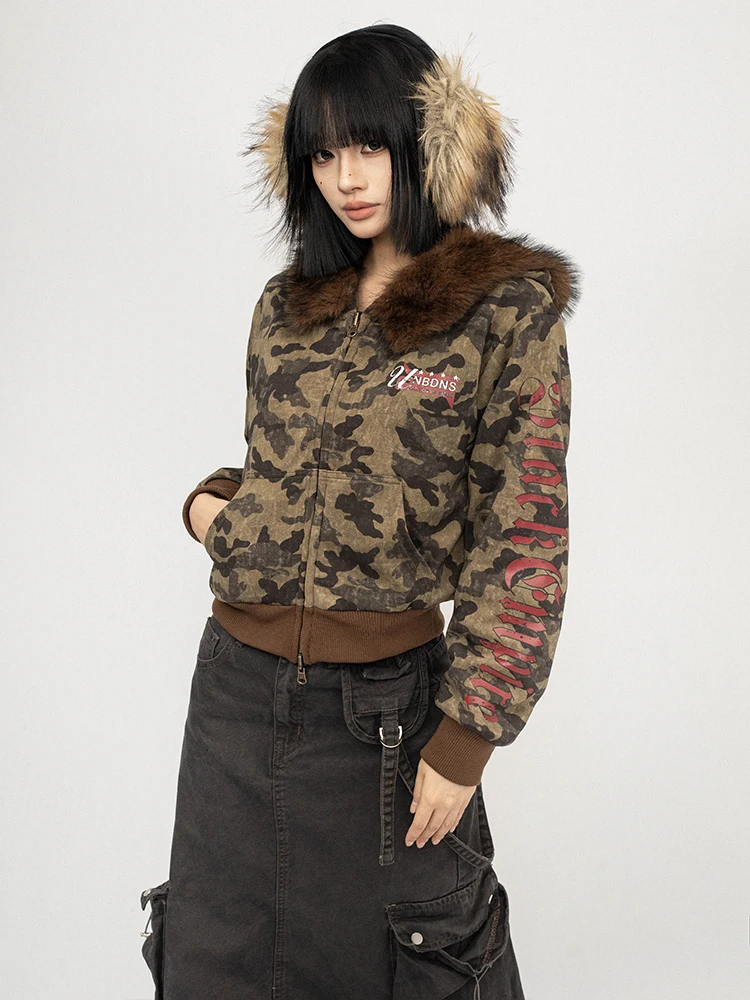 OCTTFLAB 아메리칸 레트로 카무플라주 숏 재킷 여성용 따뜻한 양면 플로킹 유틸리티 코트 가을 겨울 여성용 탑