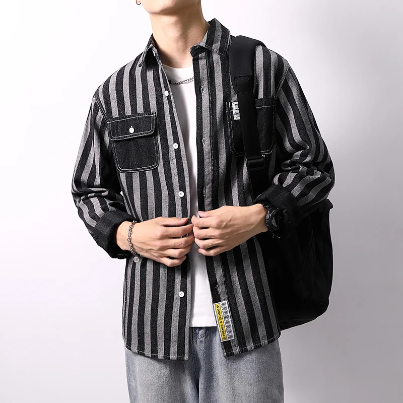 2024 autumn new denim long sleeved shirt men's loose striped shirts for men  streetwear  men clothing  designer clothes men