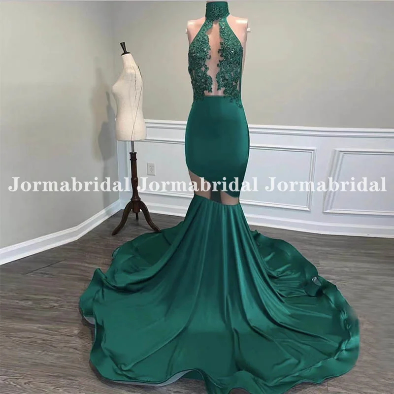 High Neck Emerald Green Prom Dresses See Through Appliques Shiny Satin Mermaid robes de bal Femme Maxi Evening Dress Party Gowns