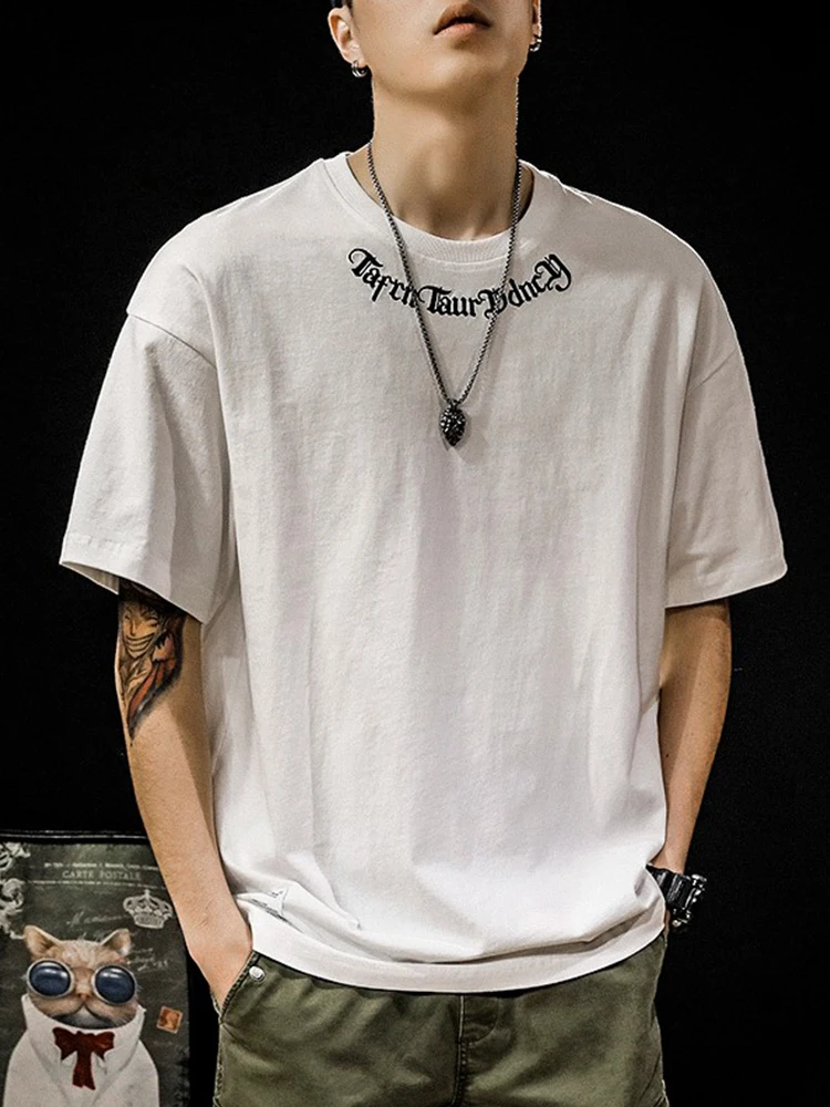 เสื้อยืดผ้าฝ้ายแท้หนานุ่มสำหรับฤดูร้อน แบรนด์แฟชั่นผู้ชาย ทรงหลวม ไซส์ใหญ่ สไตล์อเมริกันเรโทร คอกลม