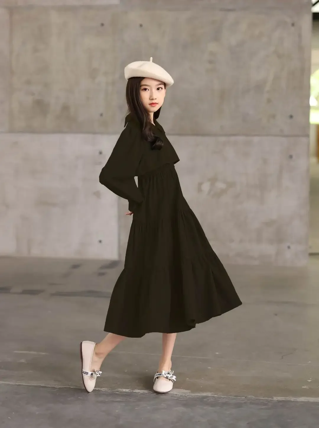 Teen Girls Elegant Long Shirt Dress 2023 Spring  Sleeve Black Polyester Party Muslim Clothes 8 10 12 13 14  Years