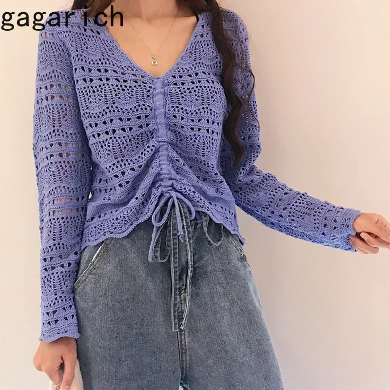 Gagarich Women Blouse Korean Style Spring Summer New Loose V-neck Hollow Out Drawstring Pleated Short Cool Tops