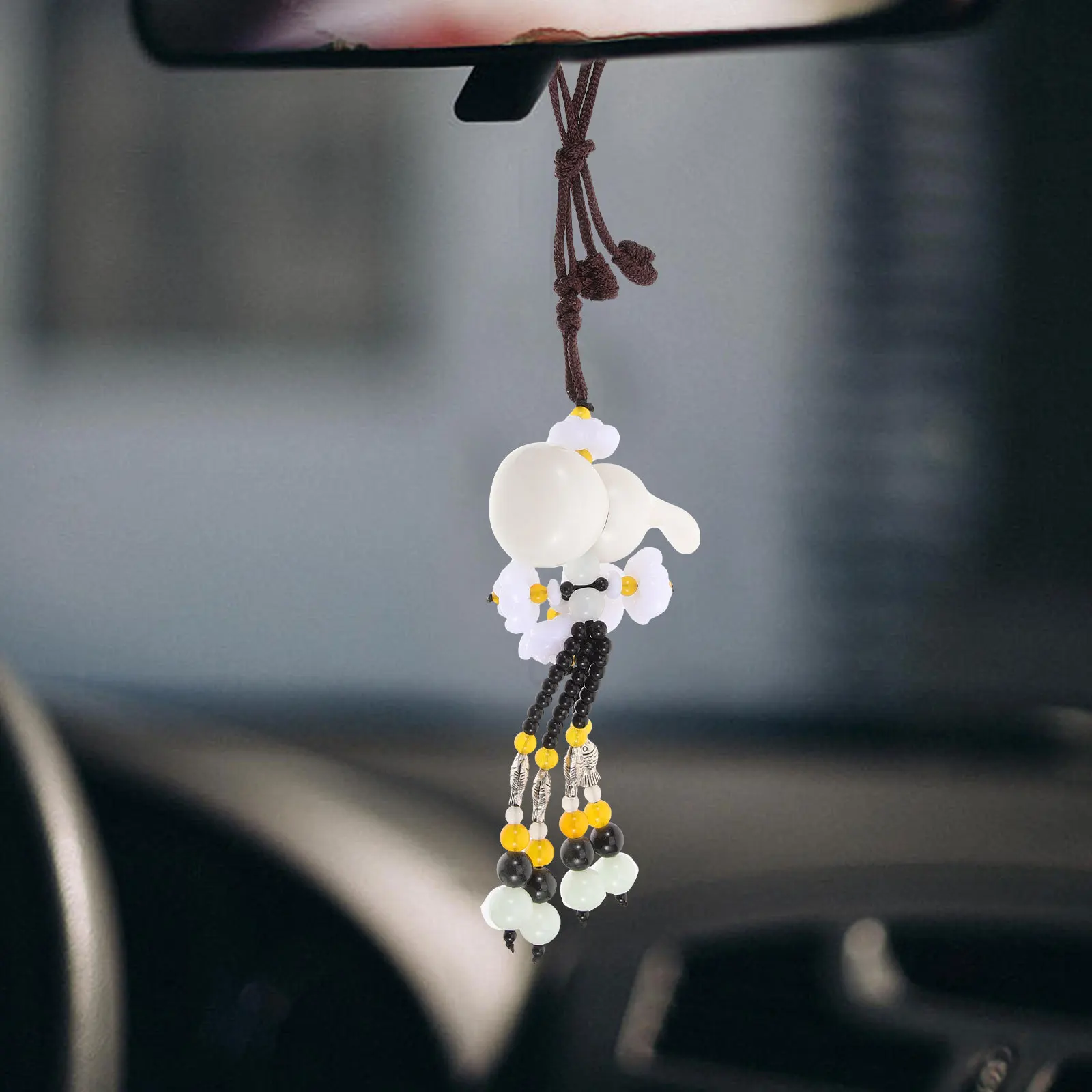 

Lotus Gourd Hanging Decoration Car Rearview Mirror Resin Pendant with Beaded Design Chinese Style Vehicle Ornament for Auto