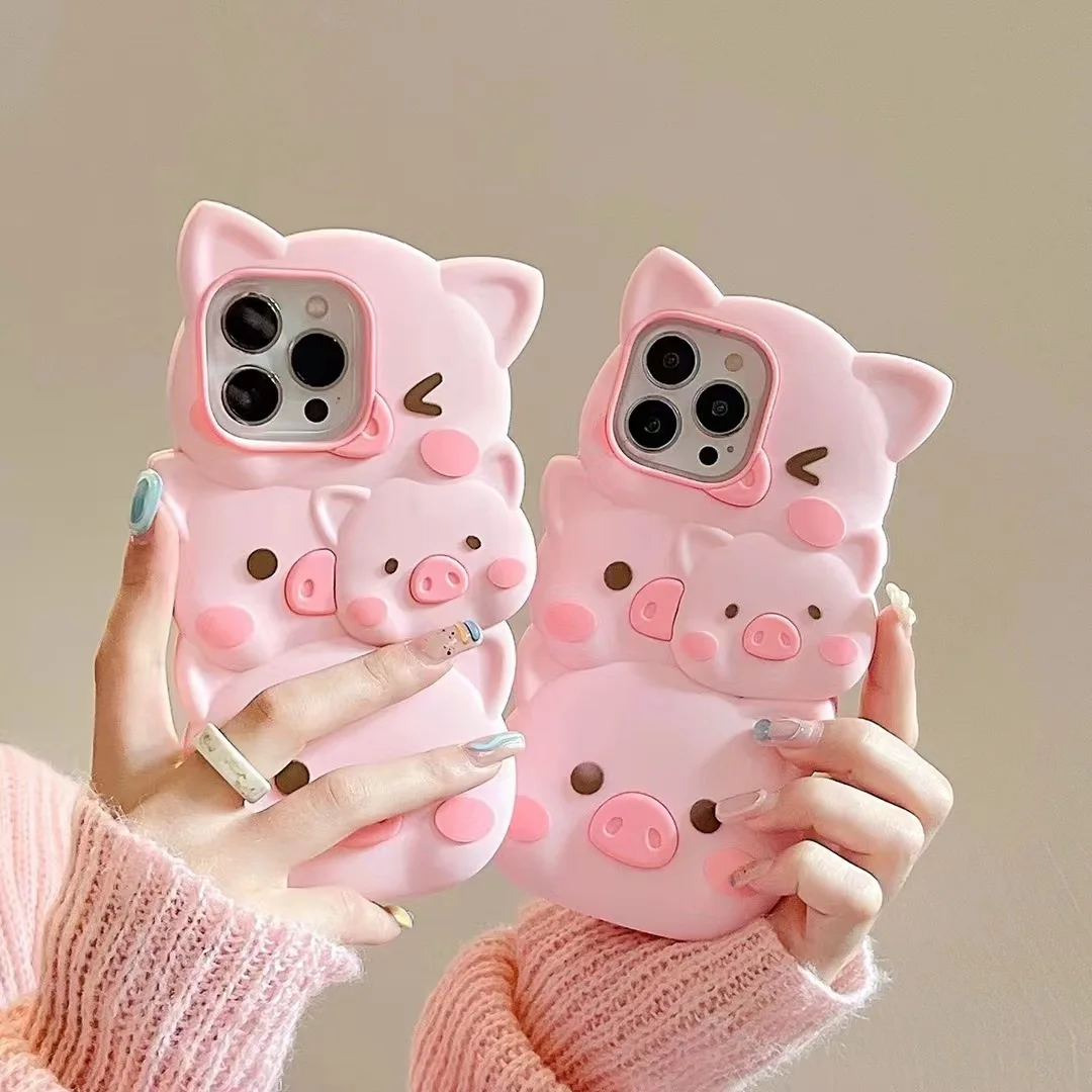 

Cute Cartoon Pig Soft Silicone Case, Mobile Phone Back Cover, Shockproof Shell Skin, iPhone 11, 12, 13, 14, 15 Pro Max, Plus, 3D