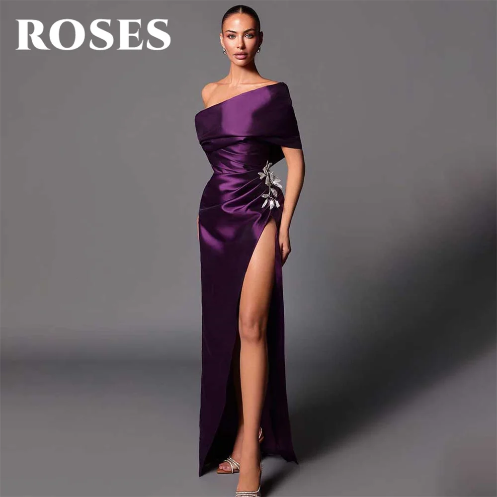 ROSES Purple Evening Gown One-Shoulder Trumpet Ruched Satin Party Dress with Pleats Satin High Side Slit فستان سهرة Prom Dresses