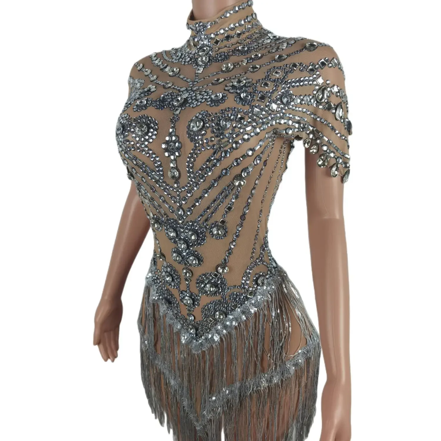 Lady Sparkle Silver Rhinestone Mesh Dress Sequins Tassels Women Birthday Party Celebrate Dress Nightclub Showgirl Stage Costumes