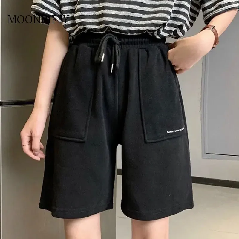 

Summer High Waist Wide Leg Short Pants Women Knee Length Shorts Drawstring Women's pure cotton Loose Sports Fitness Trousers