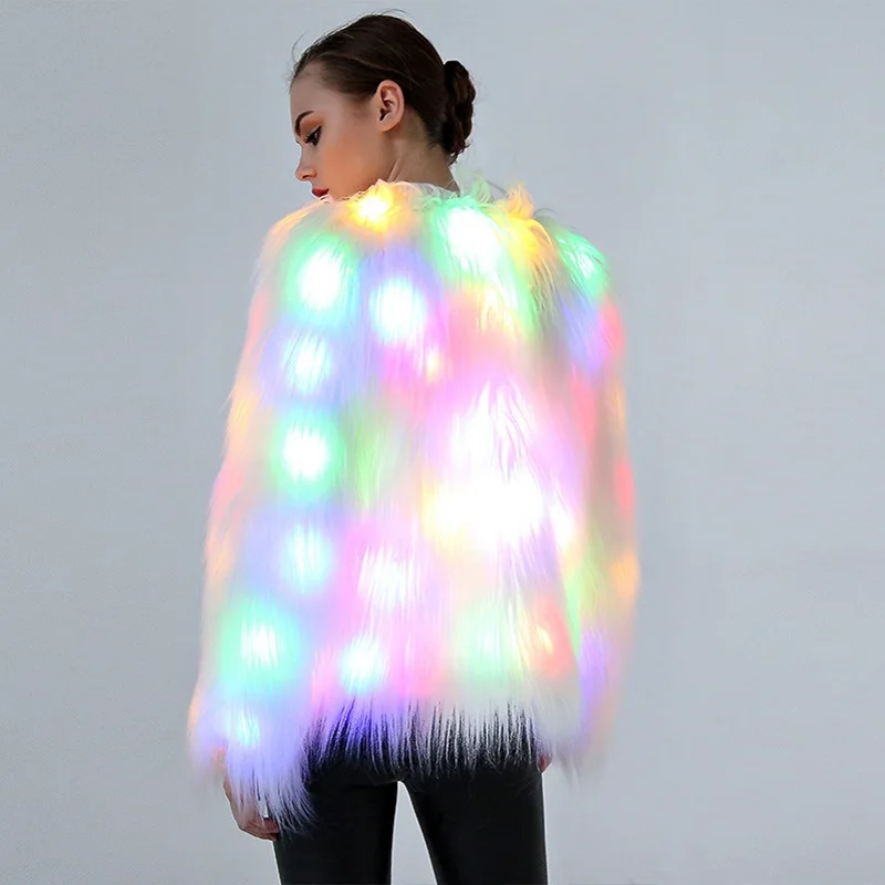 Women Faux Fur Coat Valentine Cosplay Costumes LED Multi-Color Warm Hoodie Vest Shiny LED Jacket Light Up Party Dance Overcoat