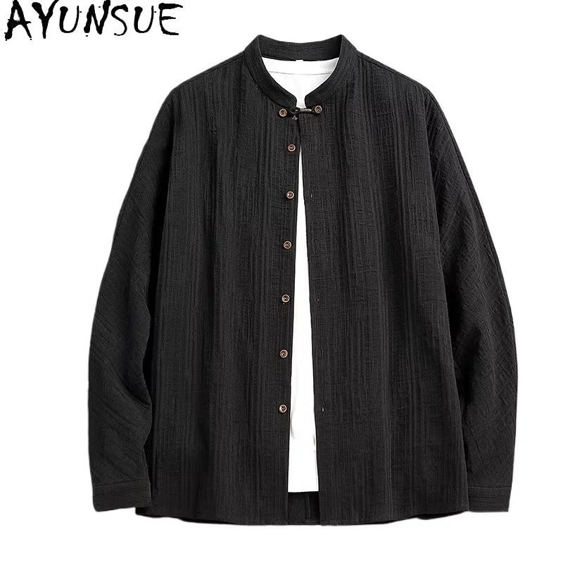 

AYUNSUE 100% Pure Cotton Shirts for Man Spring Autumn High-end Long Sleeve Shirts Men Clothing Stand Collar Casual Black Shirt