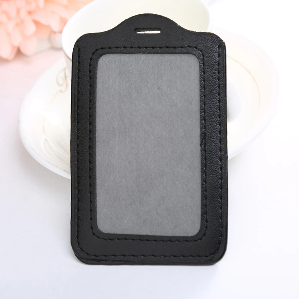 

5Pcs Black Pu Id Badge Holder Case 11.2x7.1cm Front Clear Window Easy Access Pass Pouch Vertical Style