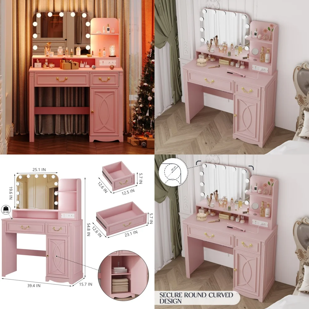 Tocador de maquillaje Escritorio de tocador con toma de corriente de espejo LED y 2 cajones Mesa de maquillaje moderna para organización de belleza