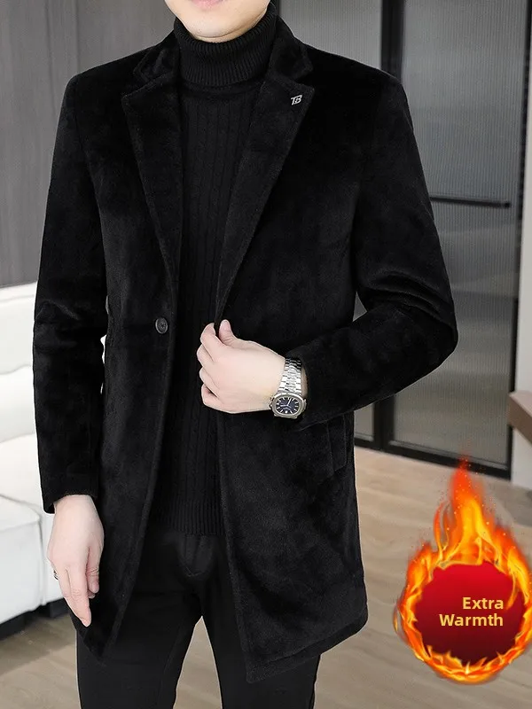 

Winter Thiened Woolen Cotton Casual Men's Coat with Suit Collar Mid-Length Pure Color Windbreaker Jaet for Youth