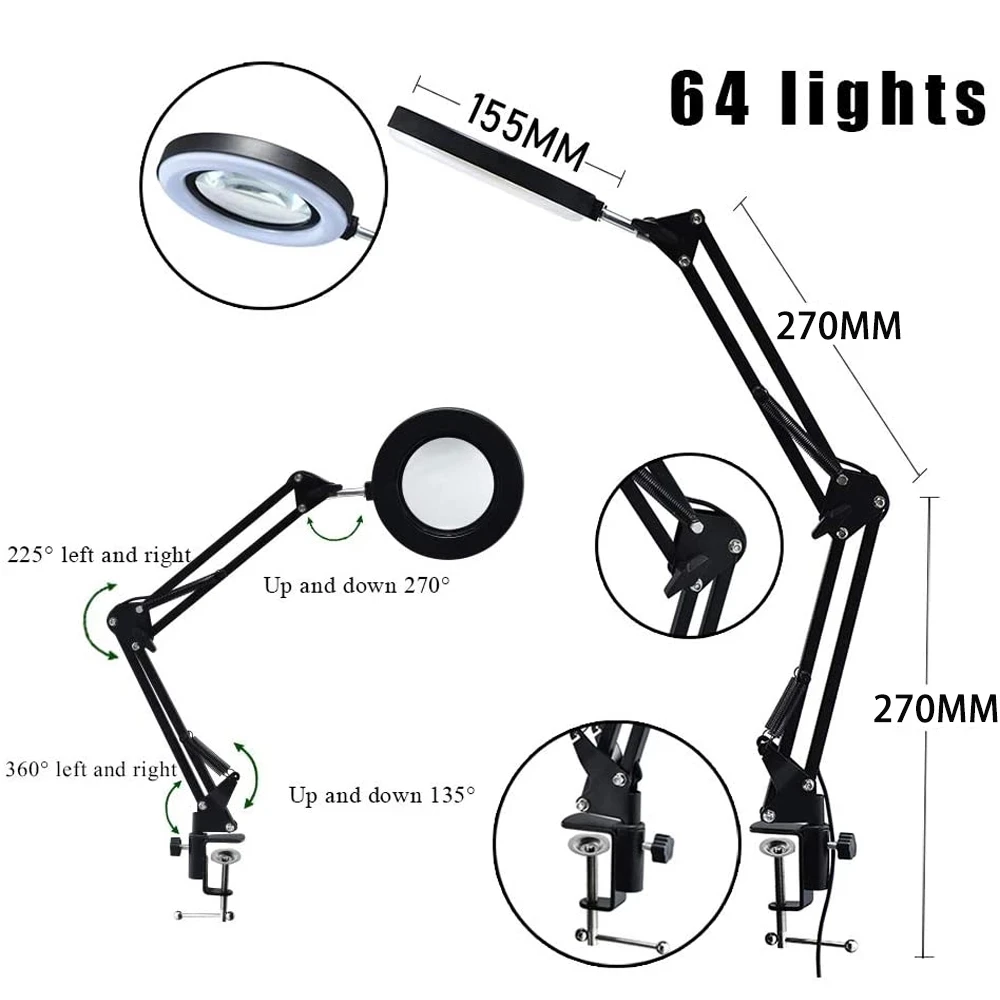 8X Illuminated Magnifier USB 3 Colors 64 LED Magnifying Glass for Soldering Iron Repair/Table Lamp/Skincare Beauty Tool