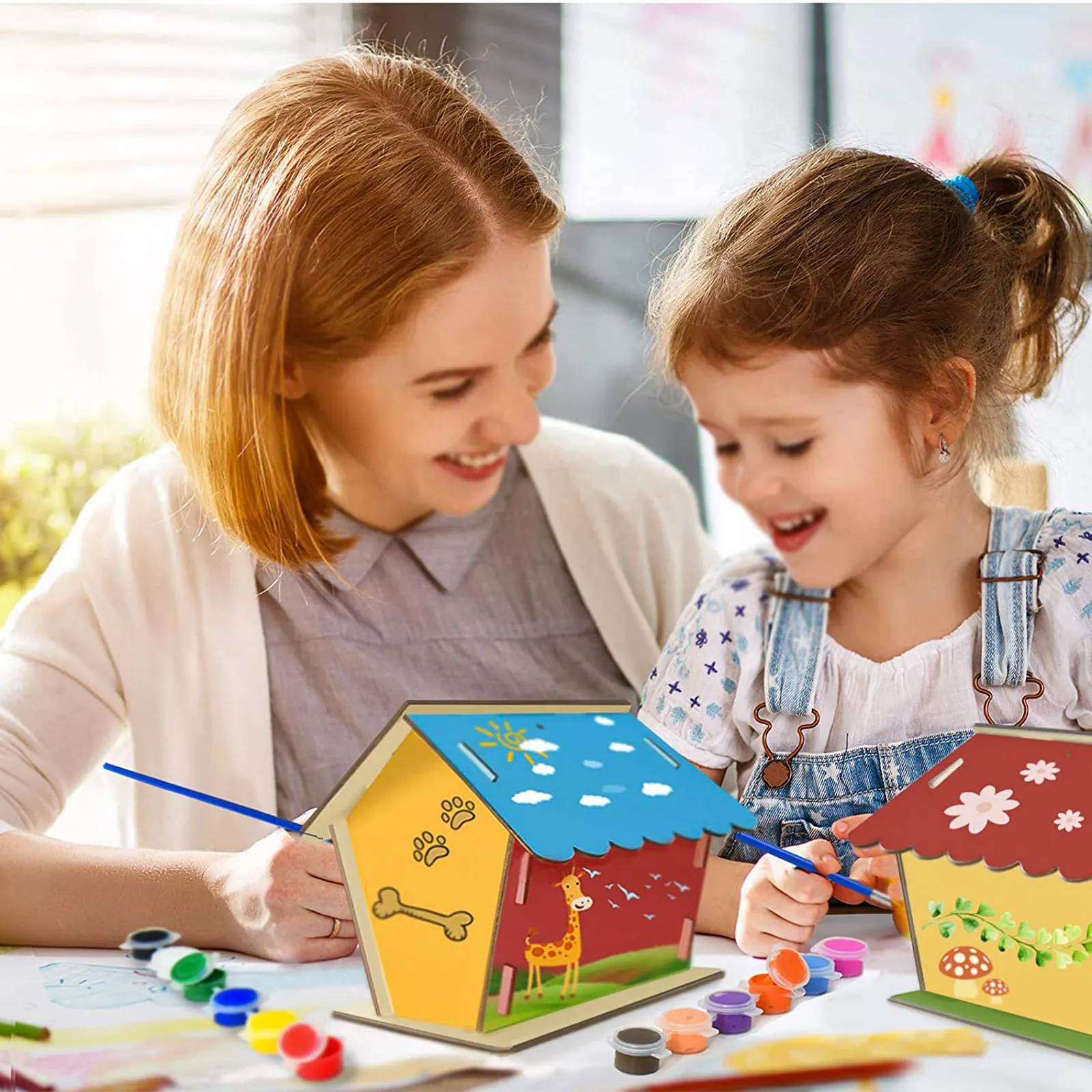 2 Sets DIY Vogelhaus-Bausatz aus Massivholz zum Bemalen und Basteln, Graffiti-Hängedekoration für Kinder, Lehrreiches Puzzle-Vogelnest