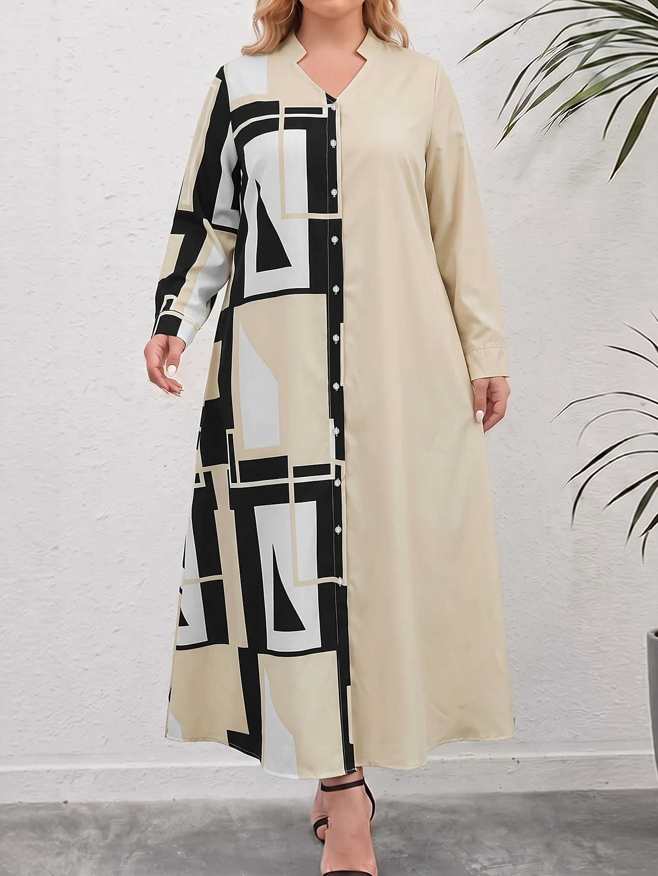 Plus Size Women Geometric Print Long Shirt Dress V Neck Button Down Loose Casual Maxi Dress