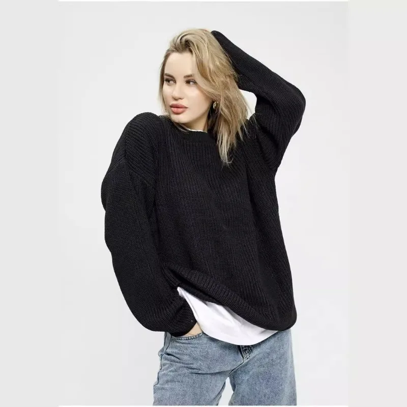 Autumn Winter Sweater 2025 Women's Simple Casual Screw Thread Long Sleeve Round-Neck Loose Fit Basics Sweater