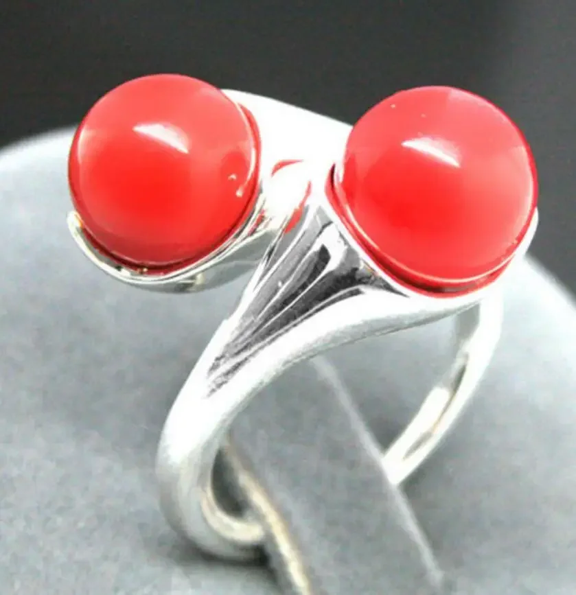 Fine jewelry   6MM RED CORAL 925 STERLING SILVER RING SIZE ADJUSTABLE -Bride jewelry