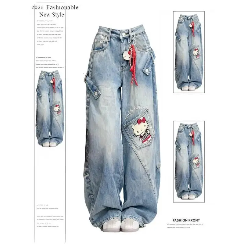 

Джинсы Sanrio Hello Kitty женские, синие, с вышивкой, рабочие, джинсовые, зимние, новинка, модные, нишевые, широкие, длинные брюки