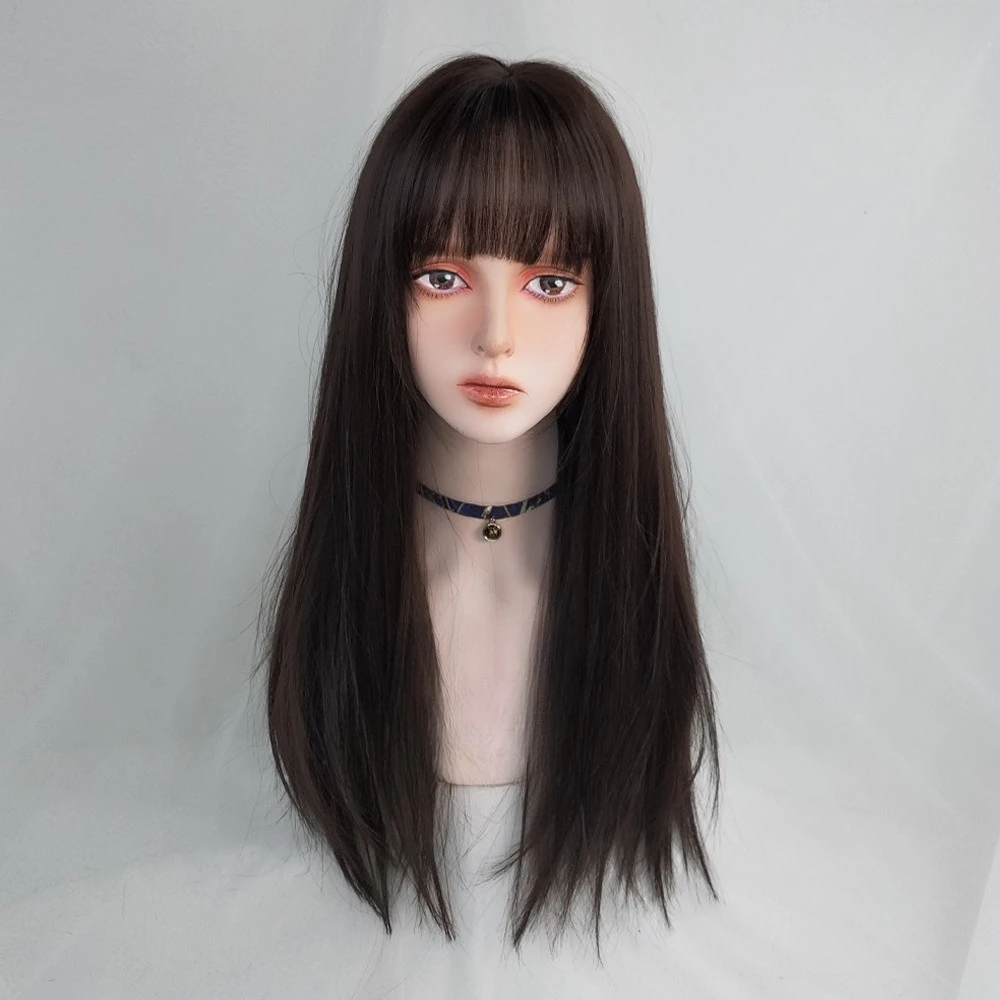 جديد شعر مستعار طويل مزاجه أسود طويل مستقيم الألياف الكيميائية القبعات الانفجارات الهواء الطبيعي JK ارتداء اليومي شعر مستعار كامل