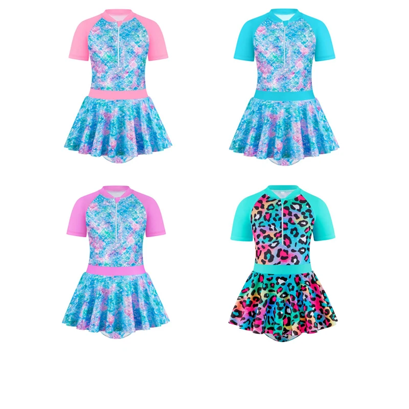 

Kids Girls One-piece Swimsuit Children Zipper Swimwear Summer Vacation Skirt Pool Beach Party Dress Short Sleeve Bathing Suit