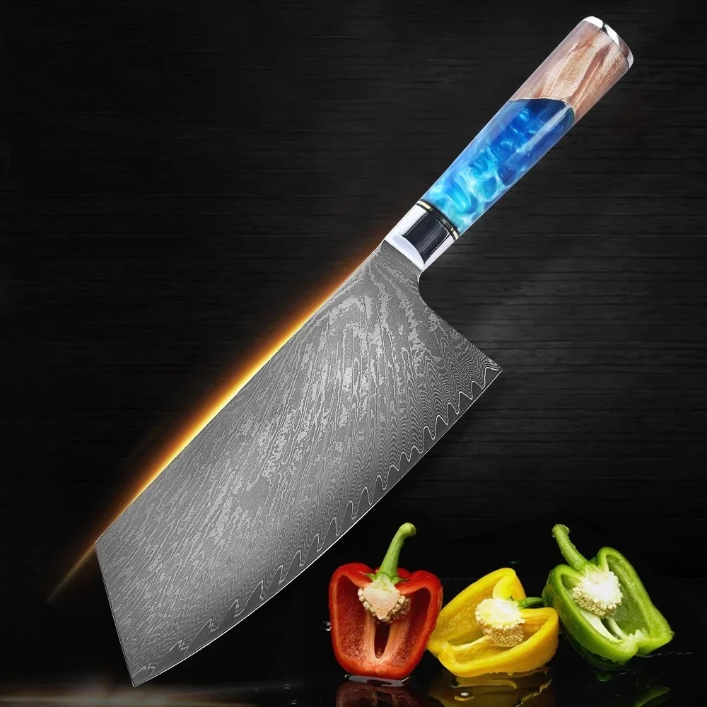 8 Inch Damascus Knife Chopping Vegetables Meat Cleaver Knife Rezin Handle Kitchen Knives Chef Knives Cooking Tools