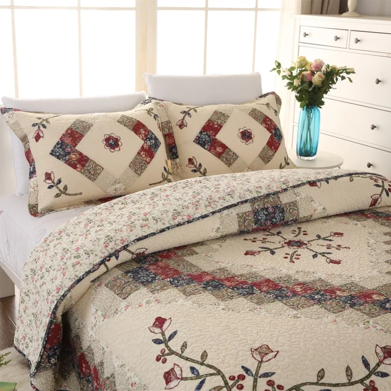 

Handmade Patchwork Quilt Set 3-Piece Washable Cotton Super King Queen Full Size Bedding Coverlet Bedspread for Home Decor