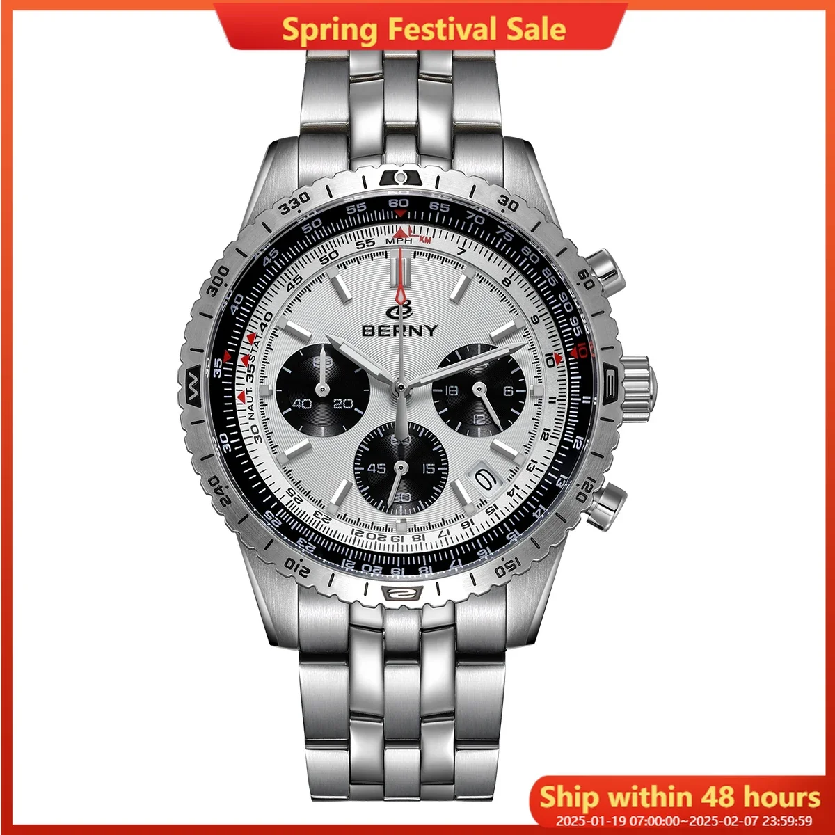 BERNY Navitimer Uhren für Herren, Chronograph, Luftfahrt-Pilot, Quarzuhr, Saphir, superleuchtend,