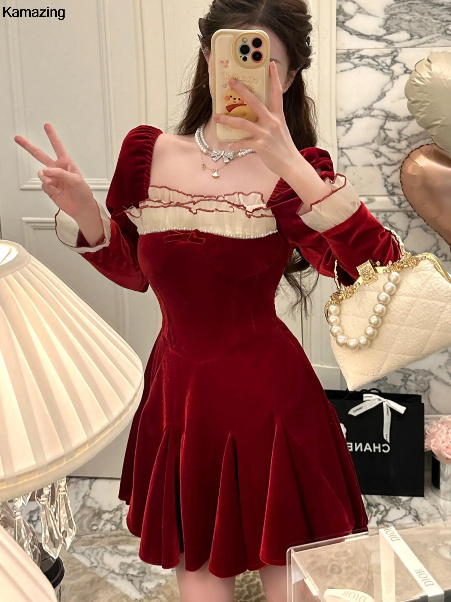 French Elegant Red Party Velvet Mini Dress Women Fashion Patchwork Princess Vestidos Female Spring Autumn Graduation Clothes