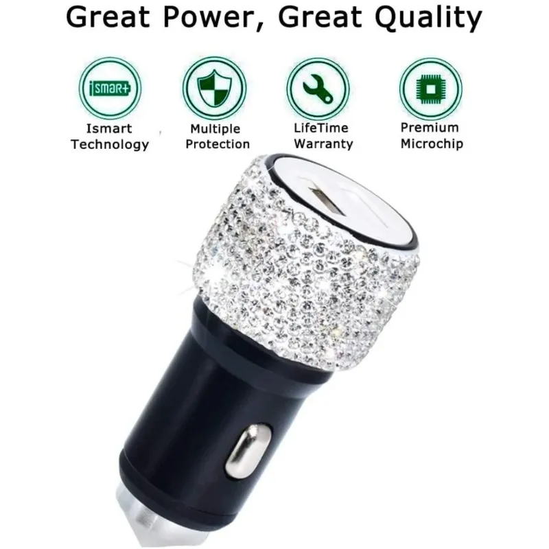 Dual USB Car Charger Bling Bling Handmade Rhinestones Crystal Car Decorations for Fast Charging Car Decors for iPhone/Samsung