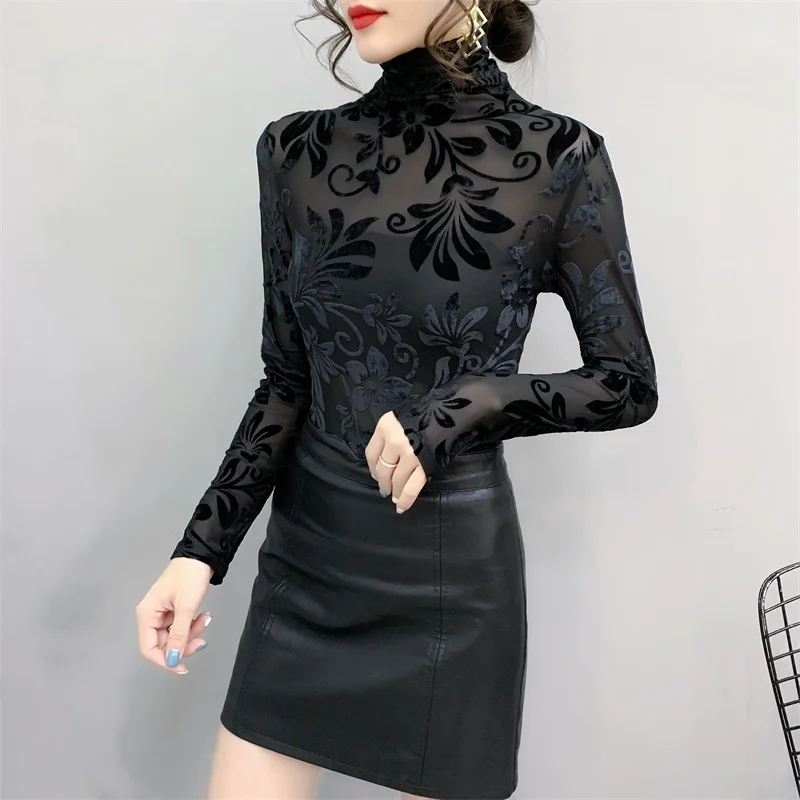 2023 New Korean style High neck Velvet Mesh Tops Long-sleeved Black bottoming shirt Sexy Women\'s t-shirt