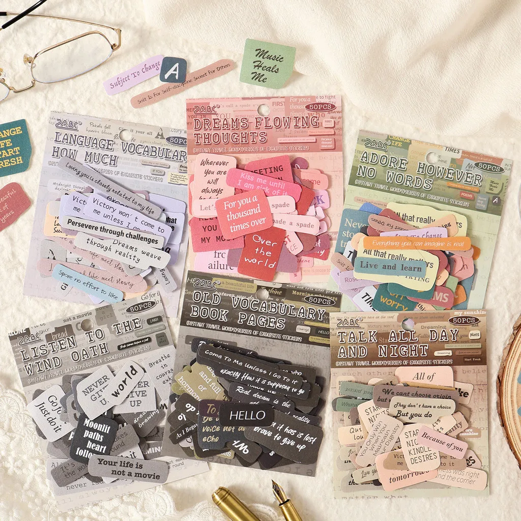 50Pcs Words Stickers Paper Scrapbook Stickers Vintage Words Journaling Stickers for Card Making Scrapbook Materials Decoration
