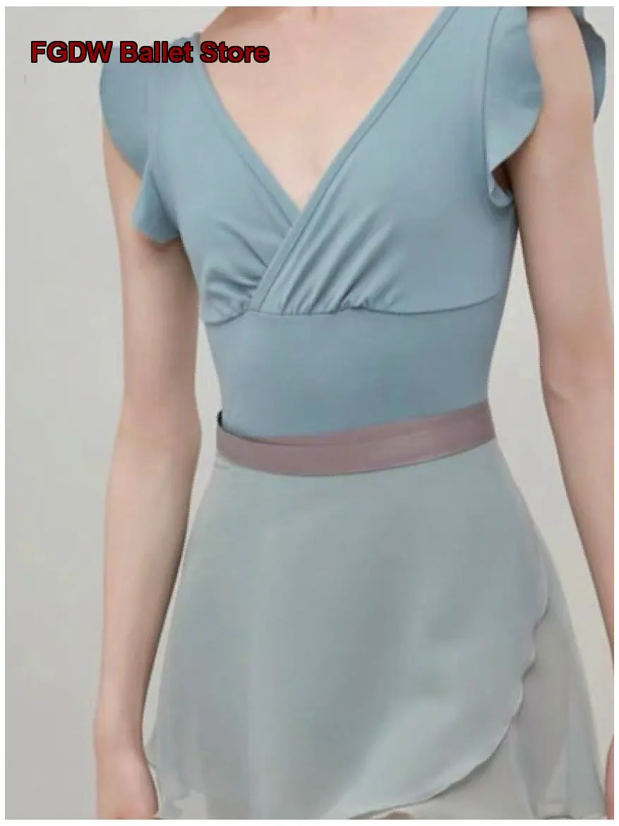 Women's Dance Dress Korean Style V-Neck Ruffled Cap Sleeves One-Piece Dress Dance Gymnastics Basic Training Dress