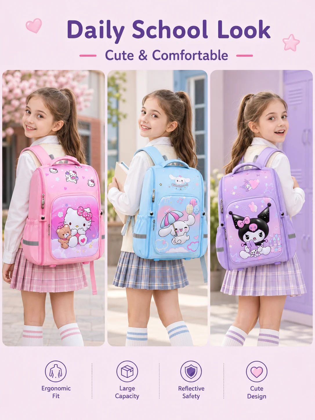 Sanrio Grade 1-6 Primary School Backpack Ergonomic Backpack Lightweight Back To School Girls Cute Multi-Layer Storage School Bag