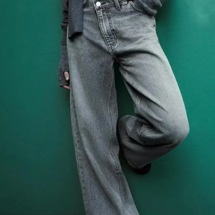 Herbst Winter Damen Vielseitige Jeans mit hoher Taille und weitem Bein, gerade geschnittene Hose, zweireihige, lässige SLE-Denim-Hose