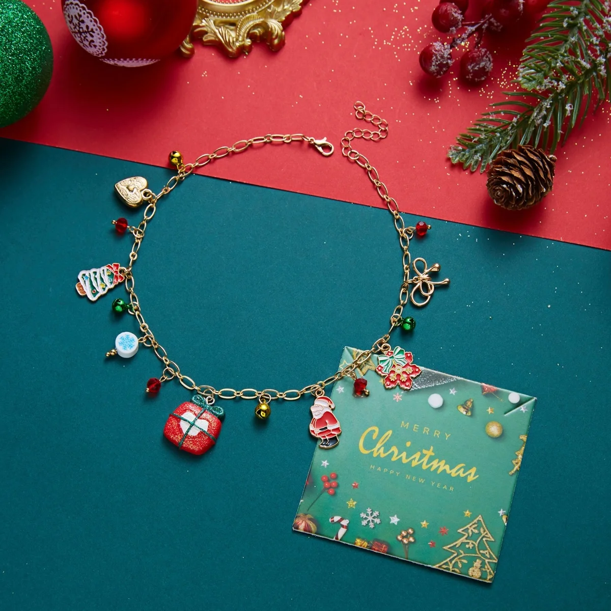 Weihnachts-Halskette mit Lebkuchenmann, Weihnachtsbaum, Hirsch, Schneeflocke, simulierten Perlen für Damen und Herren, Weihnachtsmann-Glocken, Choker, Party-Schmuck – Detail 29