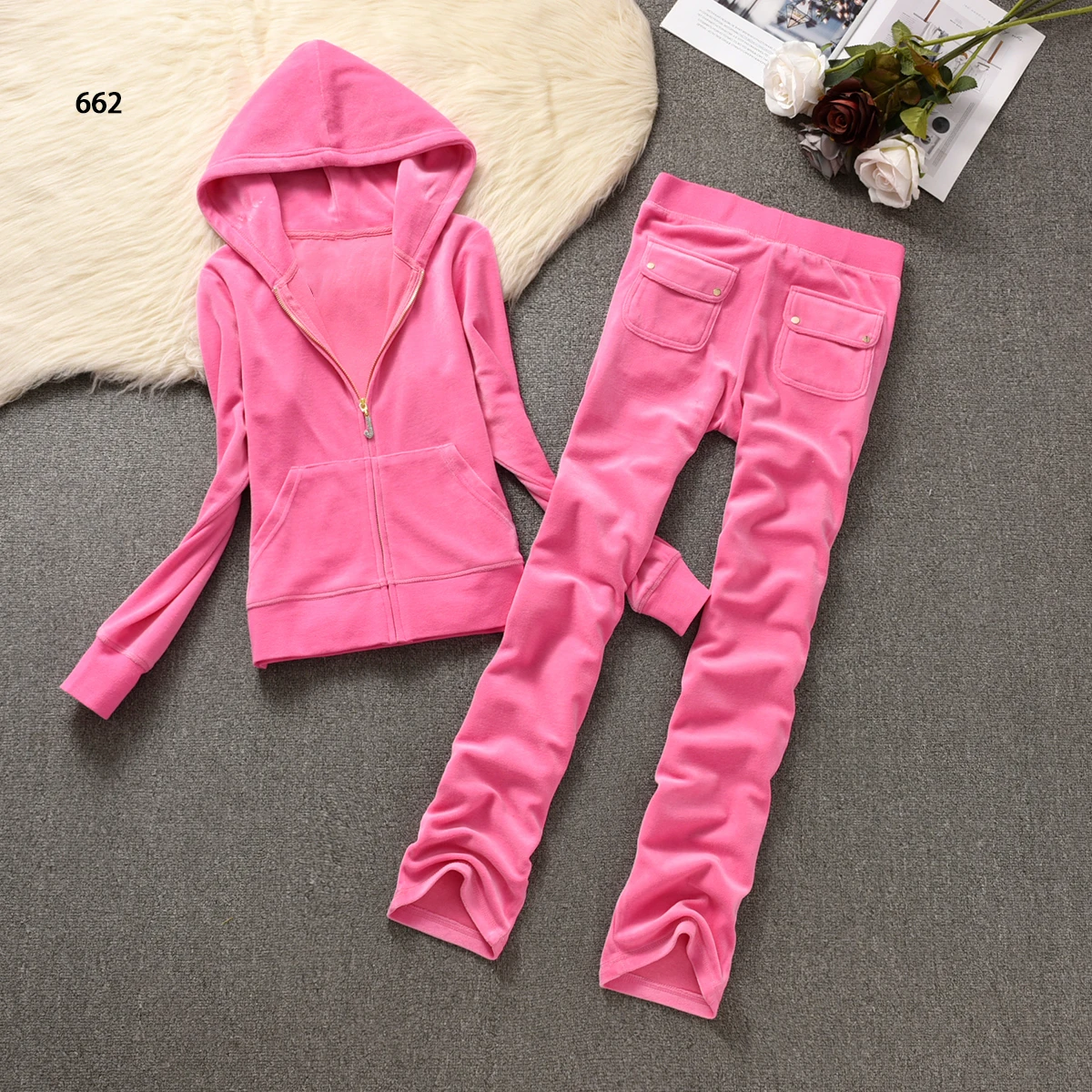 NEW 2 Piece Sets Women Outfit Tracksuit Hoodies Velvet Tracksuit 2 Piece Set with Pocket Trousers and Jacket Sets Velvet Tracksu