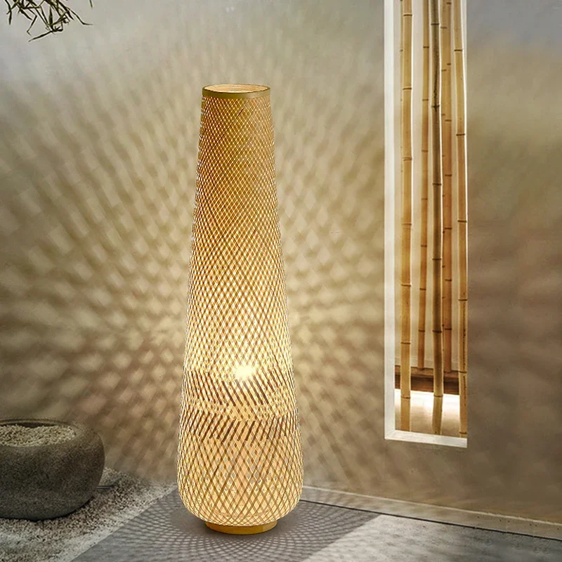 Imagem -04 - Lâmpada de Assoalho de Madeira do Cilindro Japonês Wicker Standing Tea Light Bedroom Bedside Living Woven Retro Bamboo Floor Lamp E27