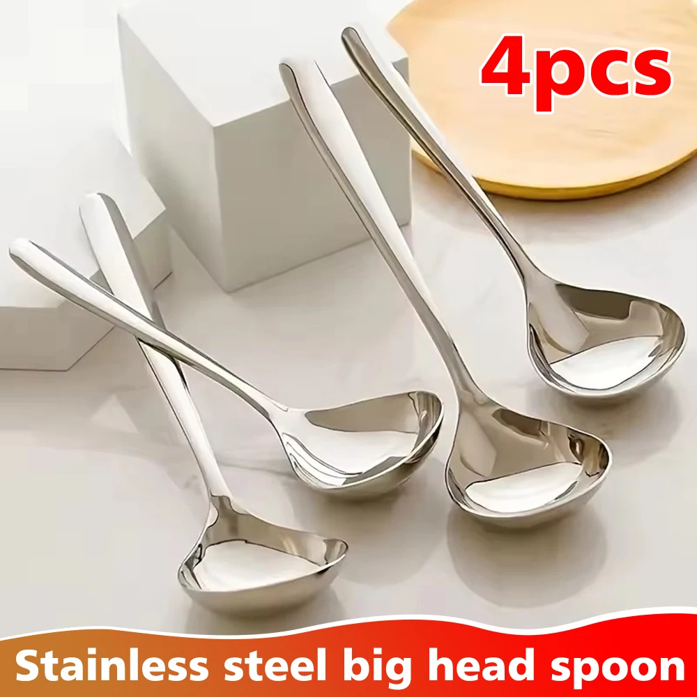 Cucharas de cabeza súper grande, superficie pulida, cucharas de sopa de acero inoxidable plateado con mango largo, vajilla esencial de cocina, 4 Uds.