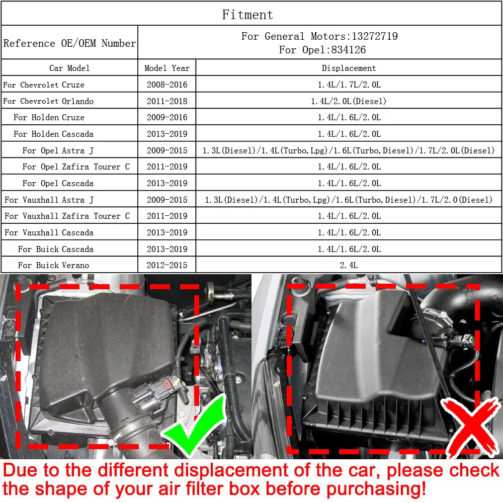 Air Filter 13272719 For Chevrolet Cruze J300 Orlando For Buick Verano Cascada Car Engine Accessories 1.4L 1.7L 2.0L 834126