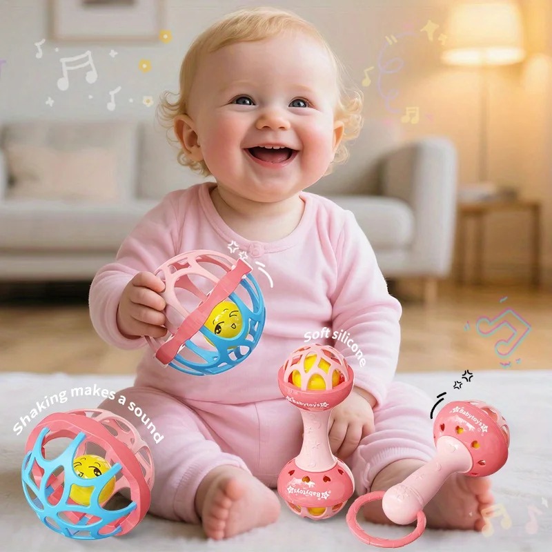Sensory Toys for Babies, Pink Handheld Ball Player Bell Ringing Toys to Improve Color Recognition, Christmas Sock Gifts