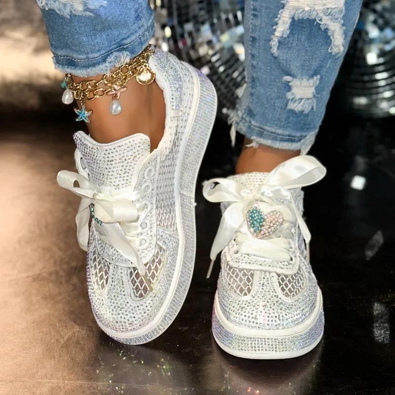Summer New Women Mesh Luxury Sneakers Breathable Thick Bottom Casual Shoes Full Crystal Diamond Versatile Trendy Designer Shoes view 2