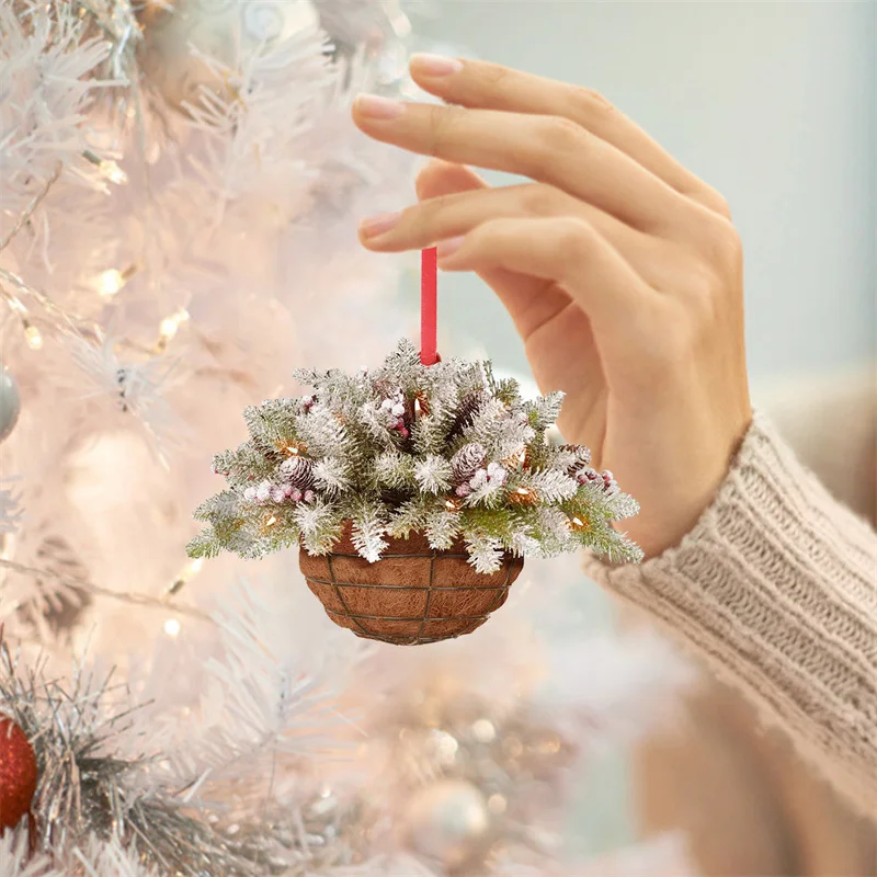 Artificial Hanging Flower Basket Christmas Pendant Green Red Wreath Plant Xmas Tree Ornaments Merry Christmas Decoration Noel