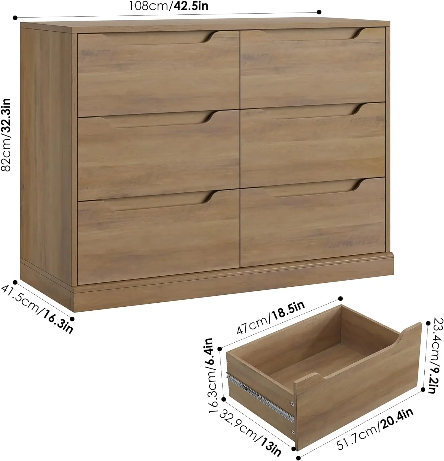 Modern 6 Drawer Dresser for Bedroom, Double Chest of Drawers, Large Wooden Storage Dresser Organizer, Accent Storage Cabinet