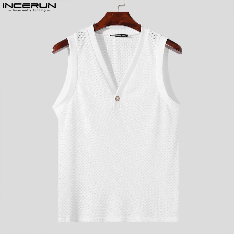 2024 Men's Tank Tops Solid Color V Neck Sleeveless Hollow Out Male Vests Streetwear Summer Fashion Casual Men Clothing INCERUN