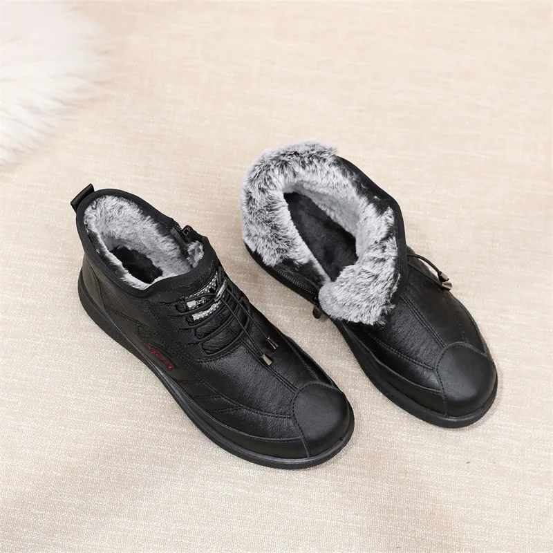 Winter New Leather Waterproof Sneaker Snow Boots Women Plush Natural Fur Warm Slip-on Ladies Shoes Casual Lightweight Flat Boots