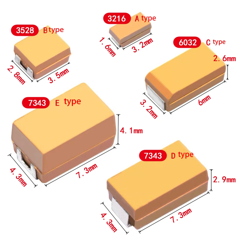 Capacitor de tântalo do caso de A B C D, 6V, 10V, 16V, 25V, 35V, 50V, 0.1UF, 1UF, 2.2UF, 4.7UF, 10UF, 22UF, 33UF, 47UF, 100UF, 220, 10 PCes uf 330uf