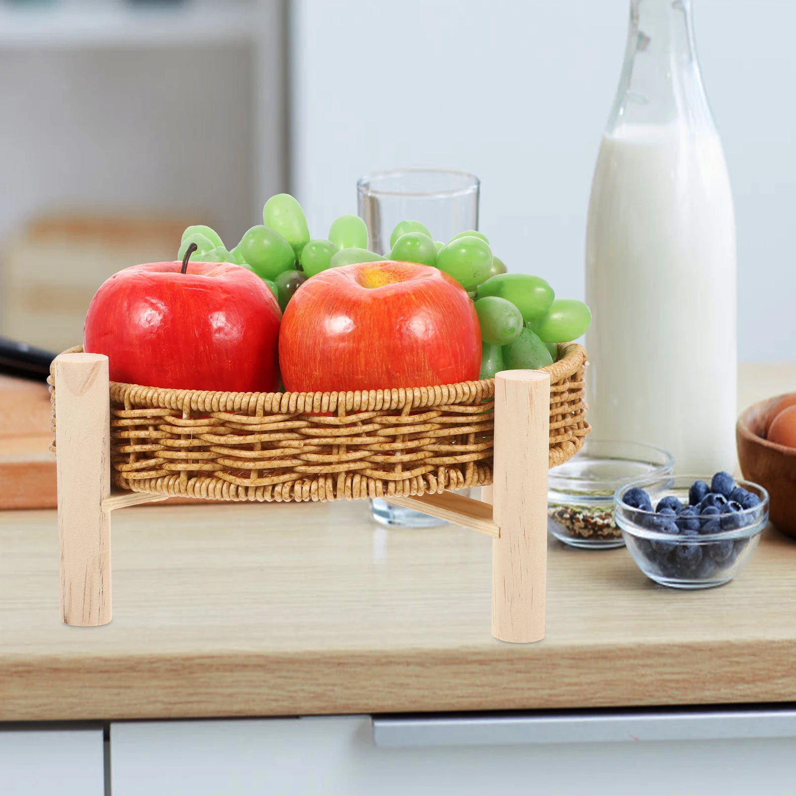 

Imitation Rattan Fruit Bowl Round Serving Platter Basket Container Trays PP Wood Lightweight Storage Kitchen Decor Round Tray